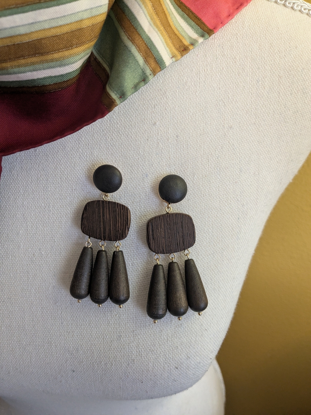 Handcrafted Dark Brown Wood Teardrop Dangle Earrings